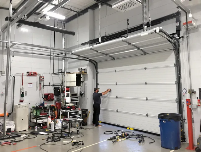 Guilford Garage Door Repair certified technician performing commercial door repair at a Guilford business facility