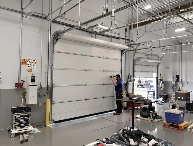 Commercial garage door repair being performed by Guilford Garage Door Repair expert in Guilford