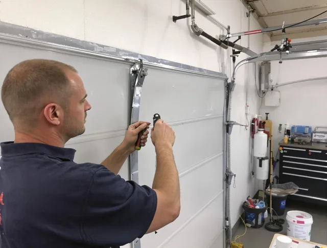 Before and after garage door dent repair by Guilford Garage Door Repair in Guilford