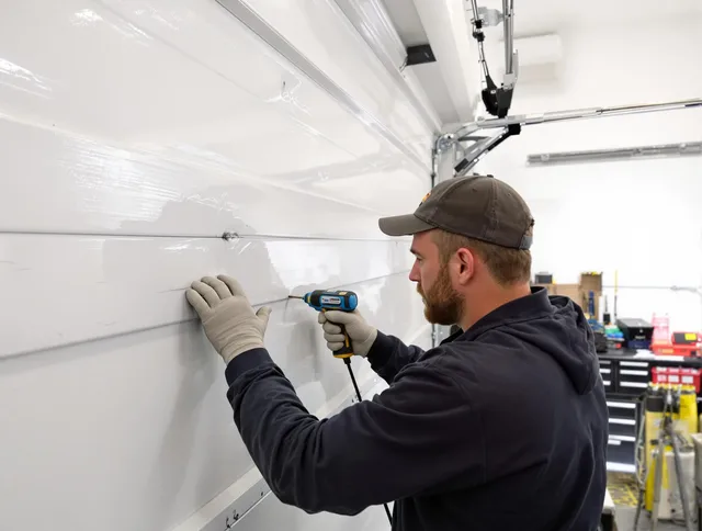 Guilford Garage Door Repair technician demonstrating precision dent removal techniques on a Guilford garage door