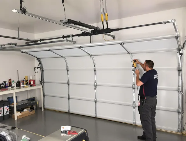 Guilford Garage Door Repair certified technician performing overhead door system repair in Guilford