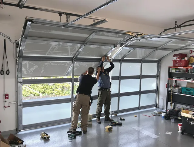 Guilford Garage Door Repair expert performing precise panel replacement on Guilford garage door