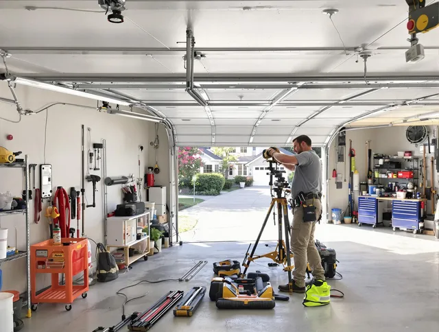 Guilford Garage Door Repair specialist performing laser-guided track alignment in Guilford